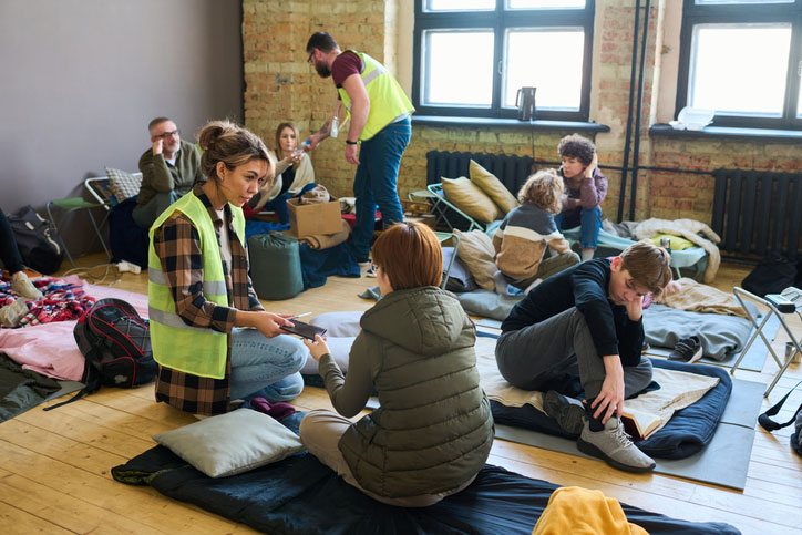 female volunteer working with homeless in shelter